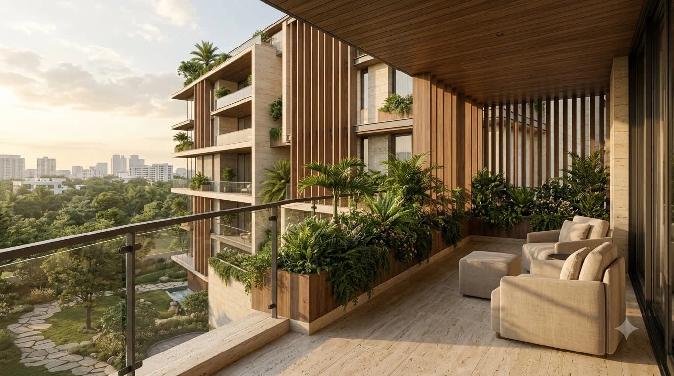 Deep terrace looking onto the lush landscaped gardens