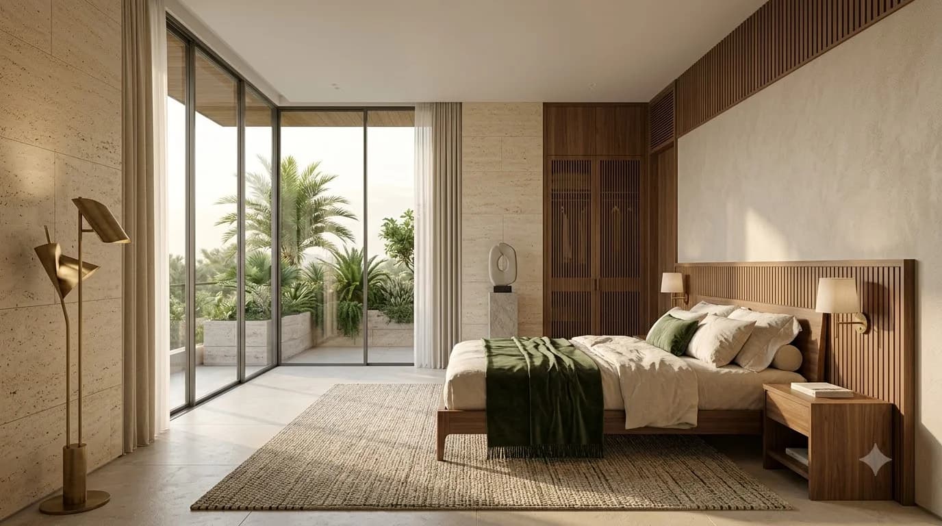 Floor-to-ceiling glazing with serene morning light & garden views