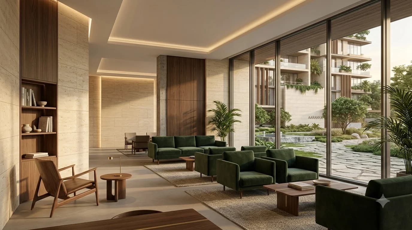 Modern lounge interior with panoramic courtyard glass walls