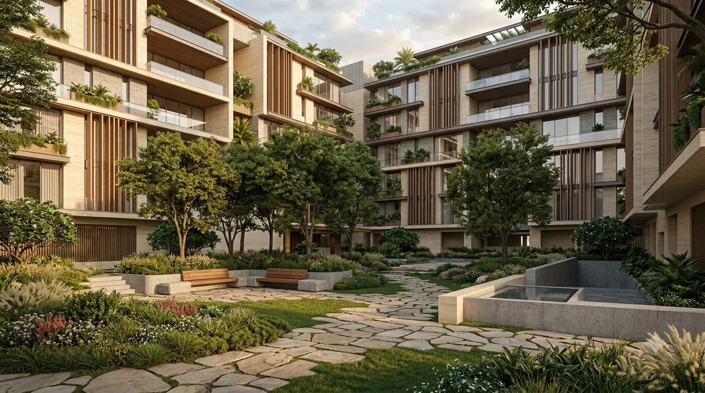 Central community commons with native greenery & stone paving