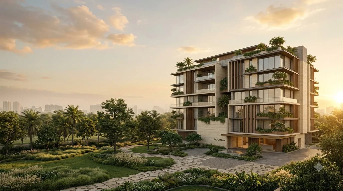 Warm twilight lighting across the multi-level residential terraces