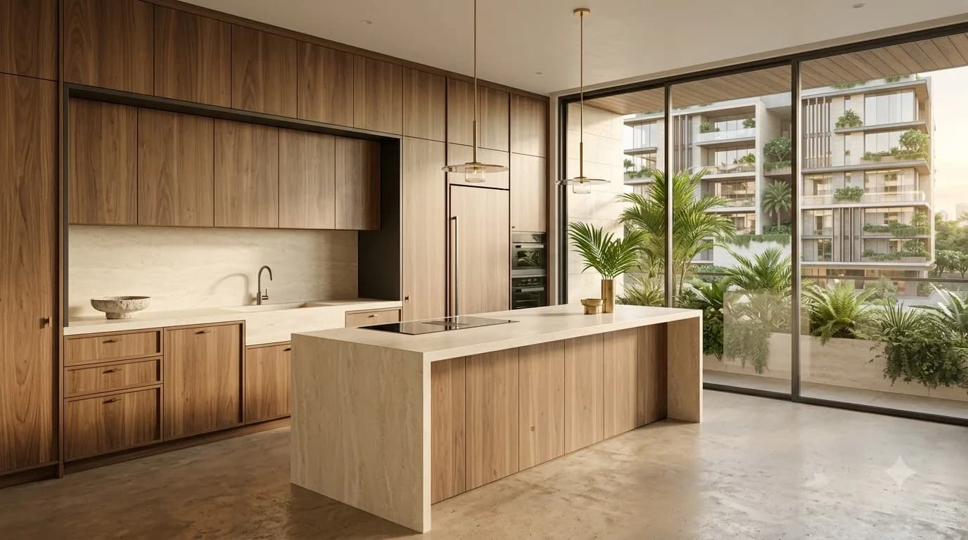 Sculptural stone island, fluted timber & integrated appliances