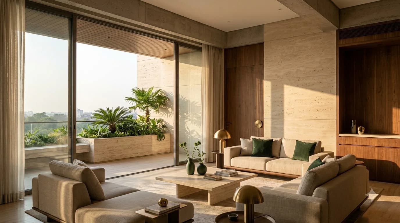 Living room with warm teak louvers & natural stone floors