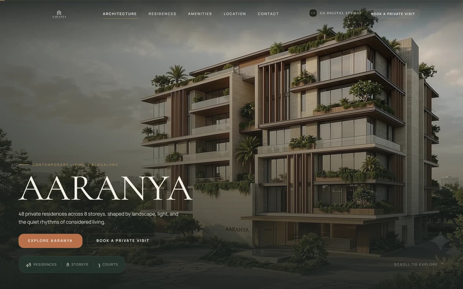 Aaranya residential contemporary living website hero in laptop frame