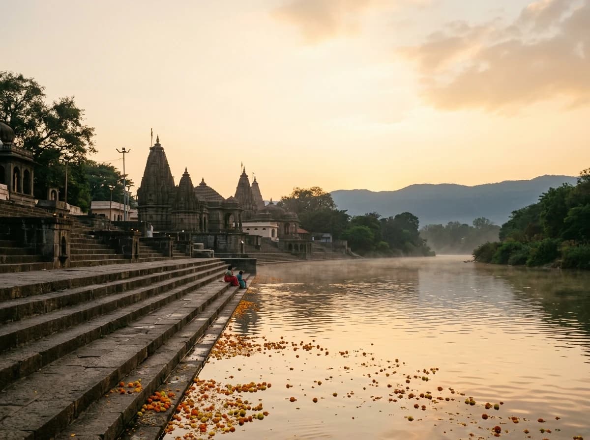 Cinematic golden-hour view of Godavari riverfront ghats in Nashik, Maharashtra