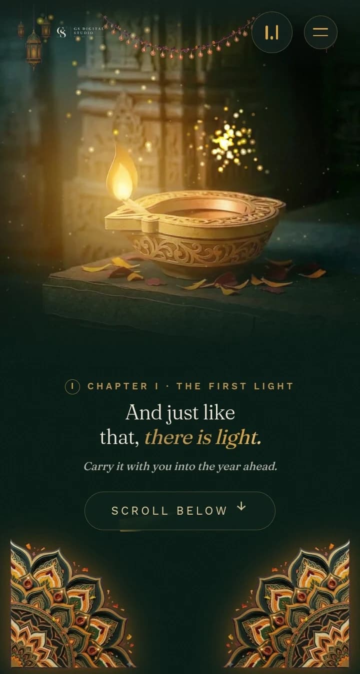 A brass diya being lit in a quiet courtyard
