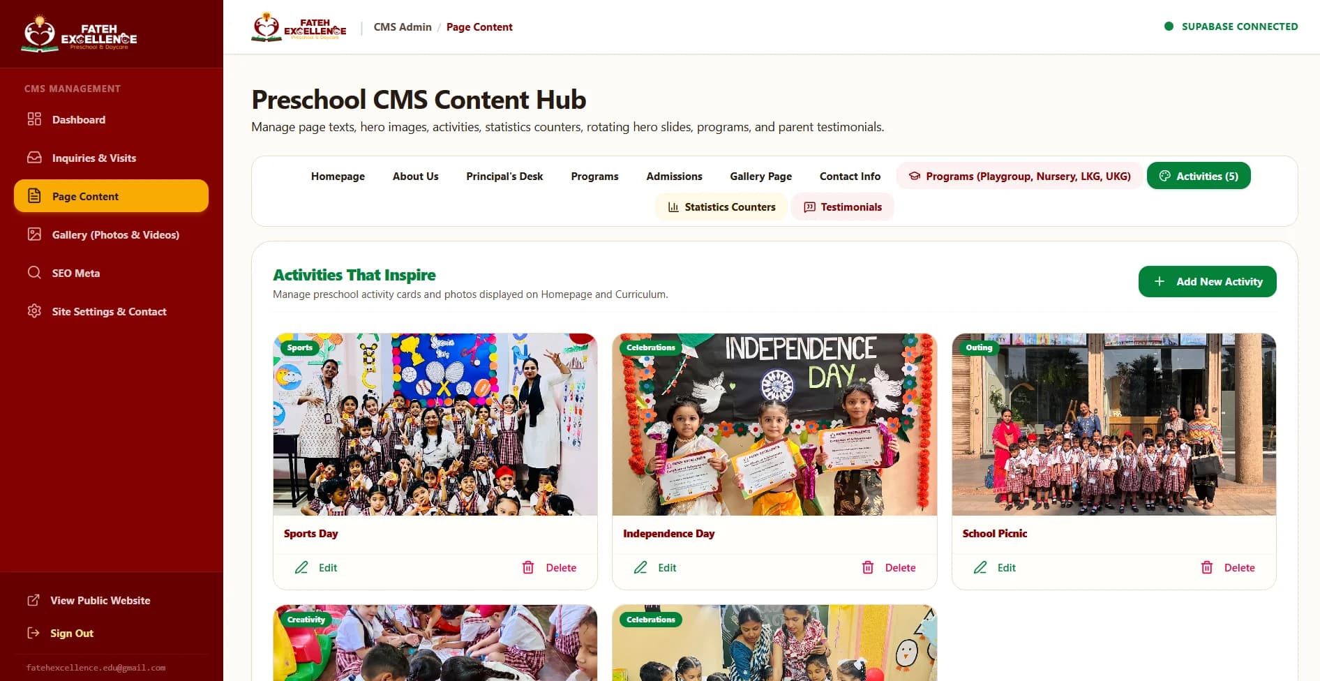 Fateh Excellence website content management system dashboard