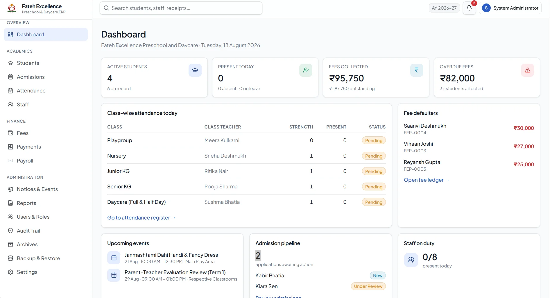 School ERP management system dashboard