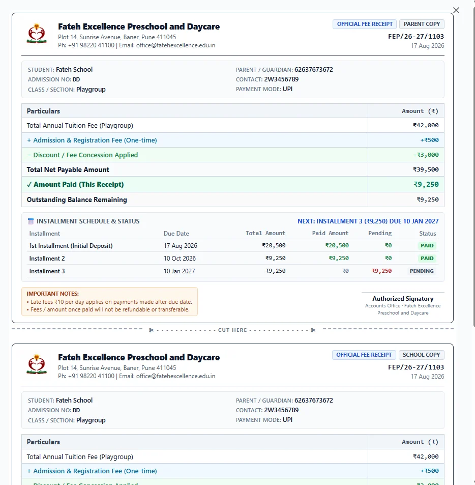 Fateh Excellence official 2-copy fee receipt modal