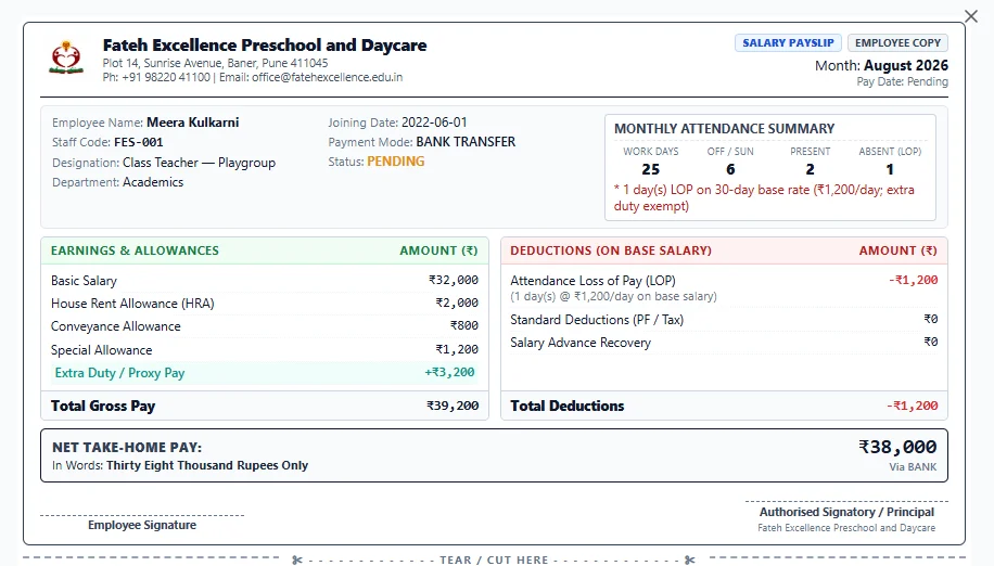 Fateh Excellence employee monthly salary payslip breakdown