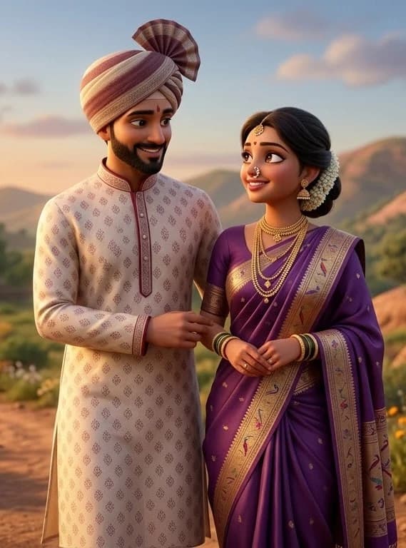Aditya & Sanika illustrated in traditional Maharashtrian wedding garments with golden Mundavalya and Paithani drape.