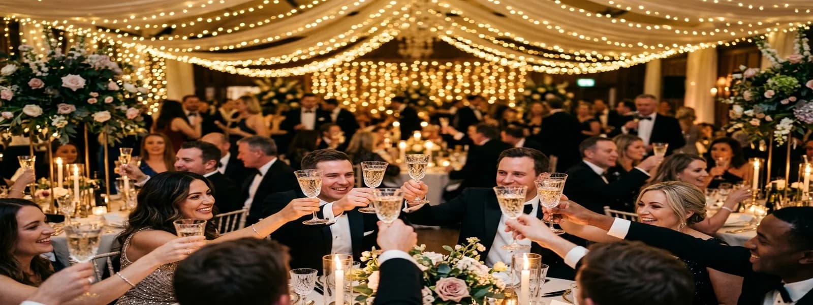 Warm evening celebration with bokeh lights and champagne toast