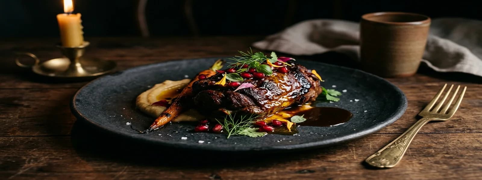 Gourmet plated dish on a dark artisan plate beside warm candle glow