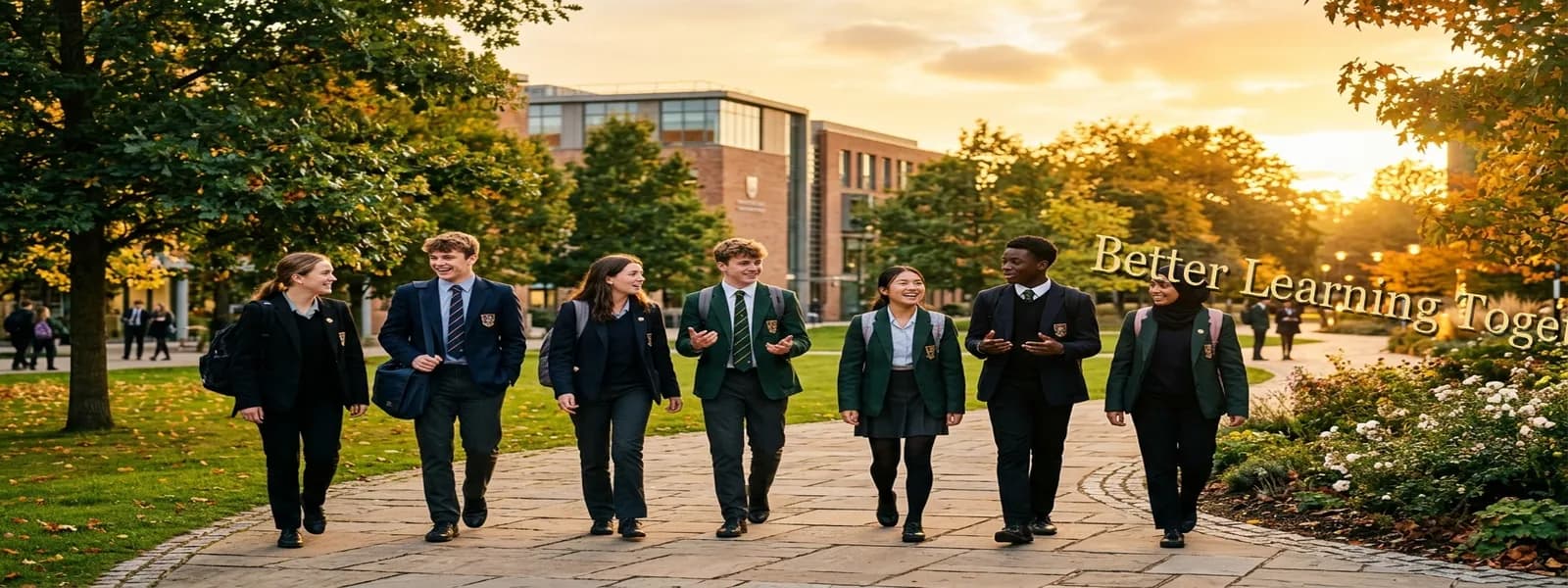 Students walking together on campus in warm sunlight