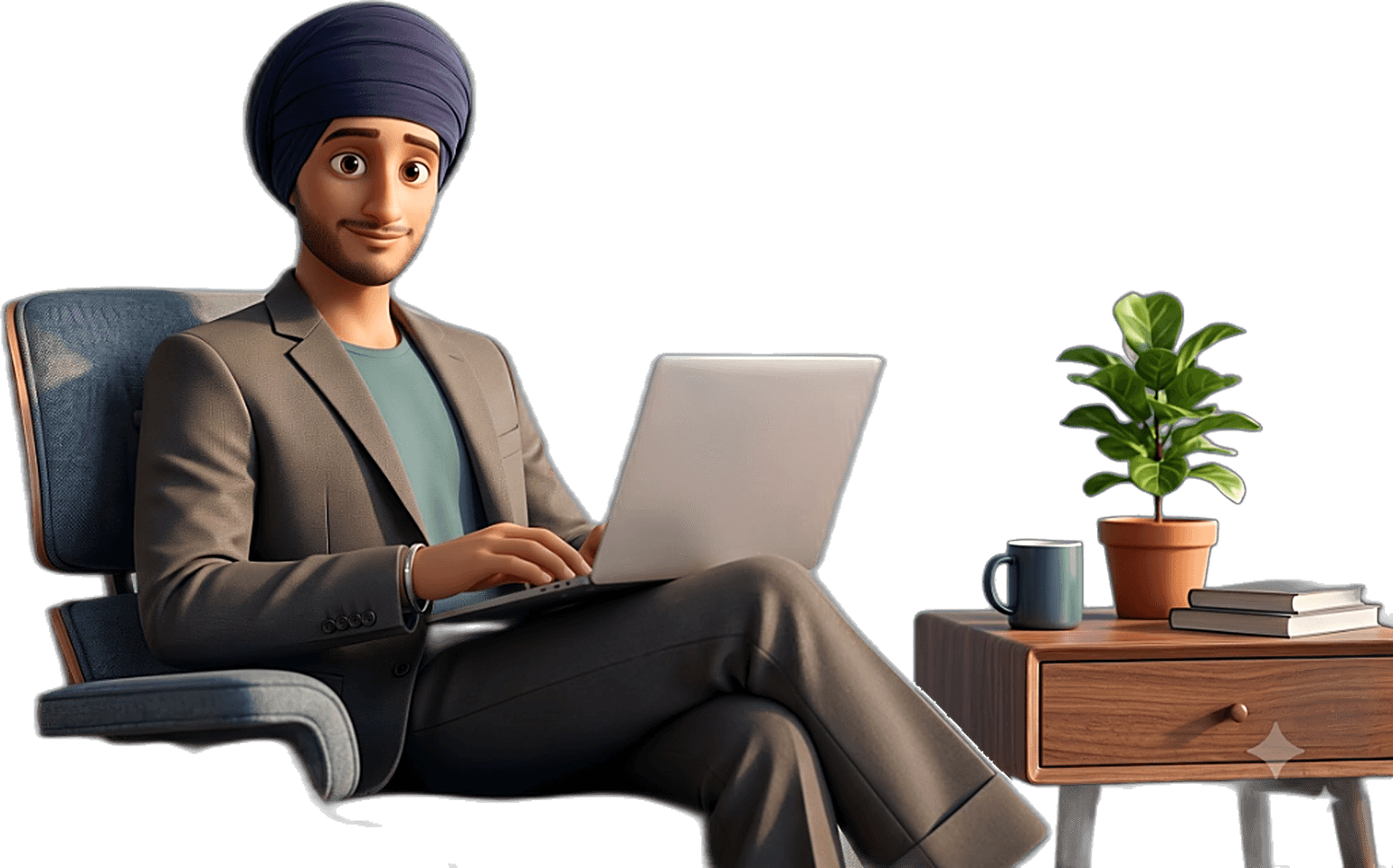 3D character avatar seated with side table and laptop