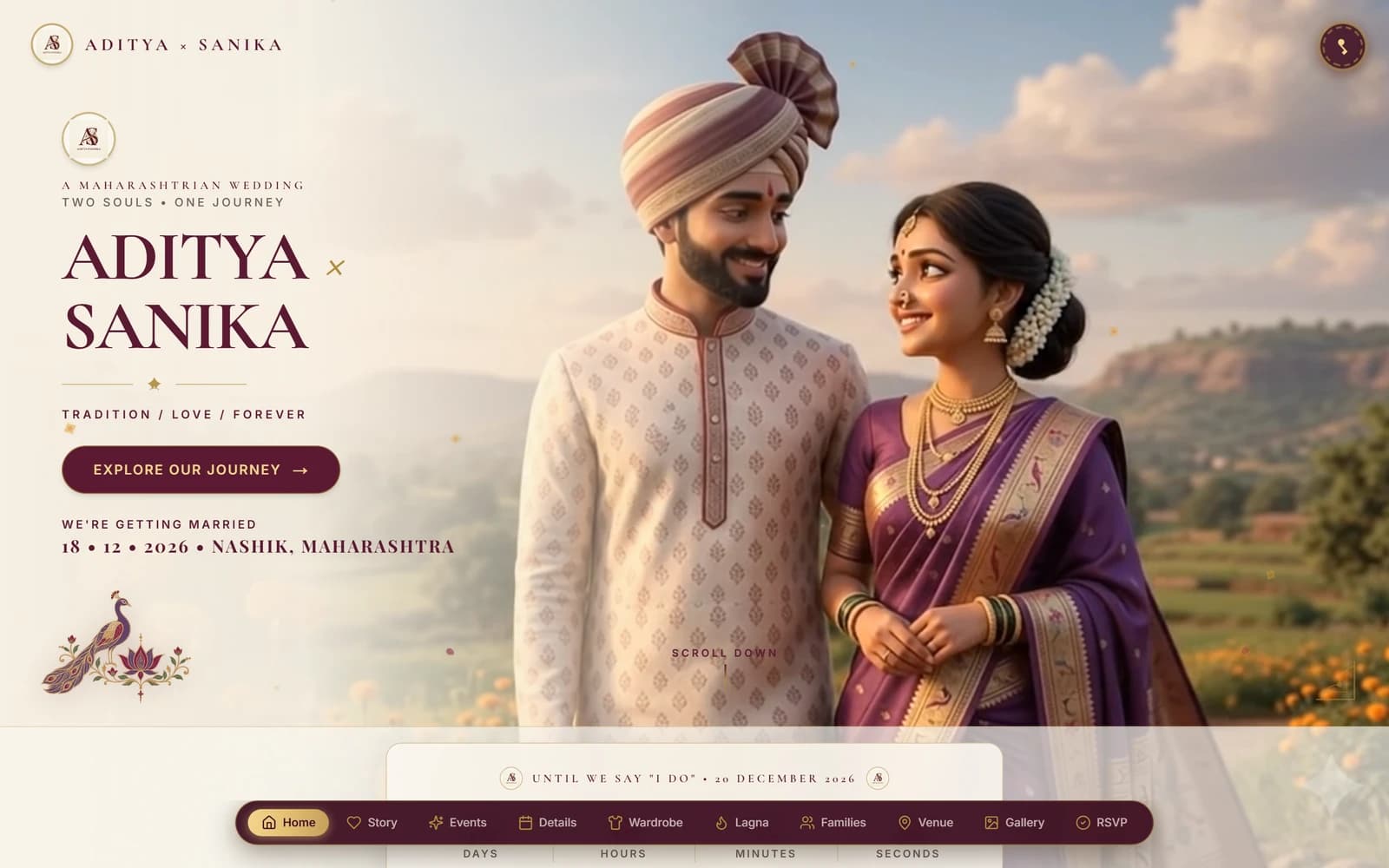 Marathi wedding website hero screen on laptop