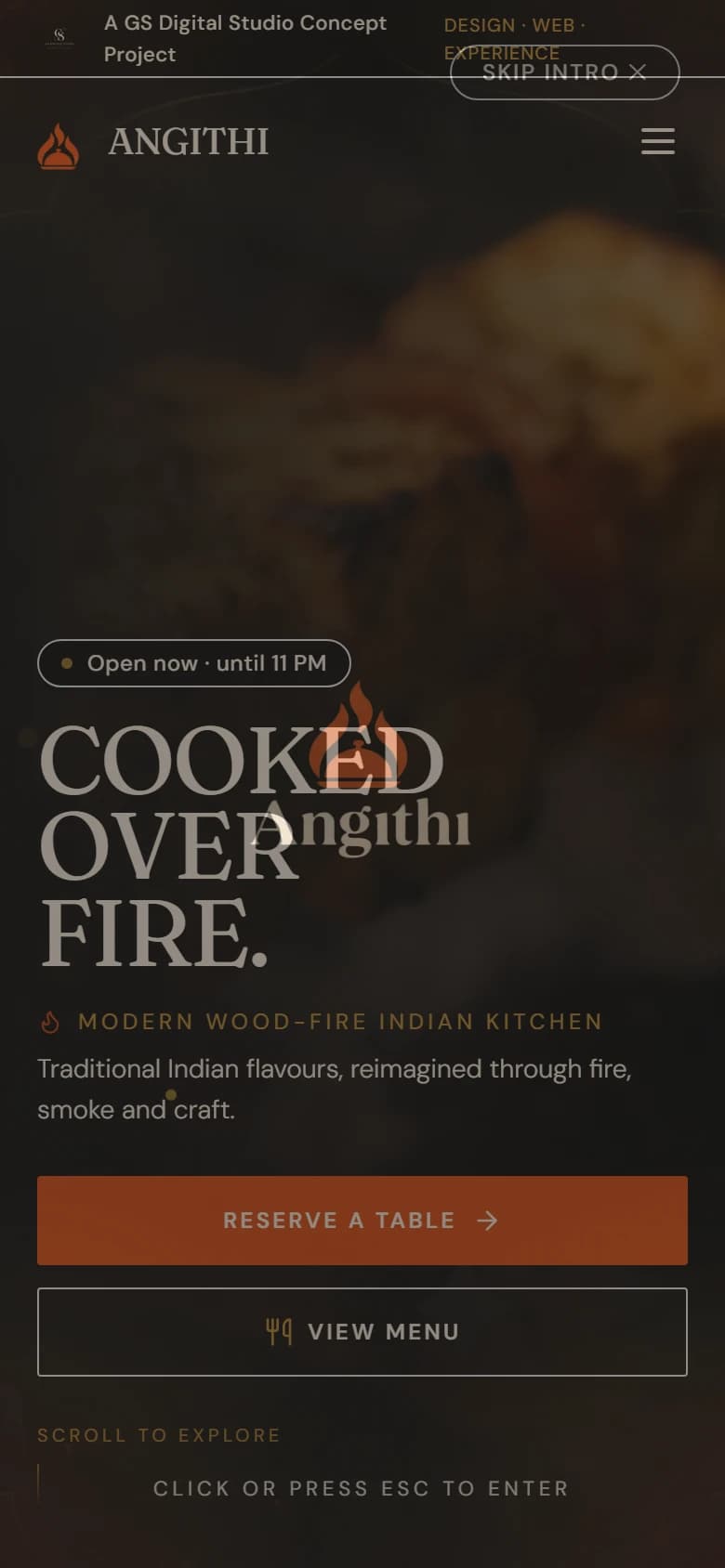 Angithi wood-fire restaurant mobile website