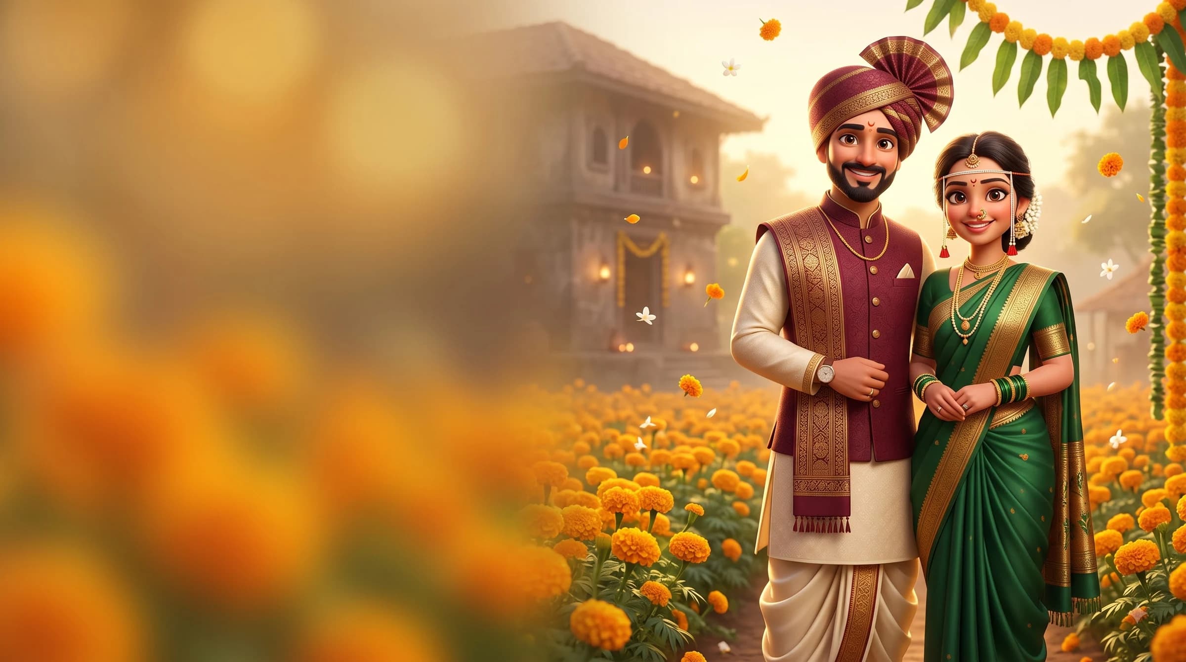 Maharashtrian wedding couple in traditional attire standing amidst a blooming marigold field