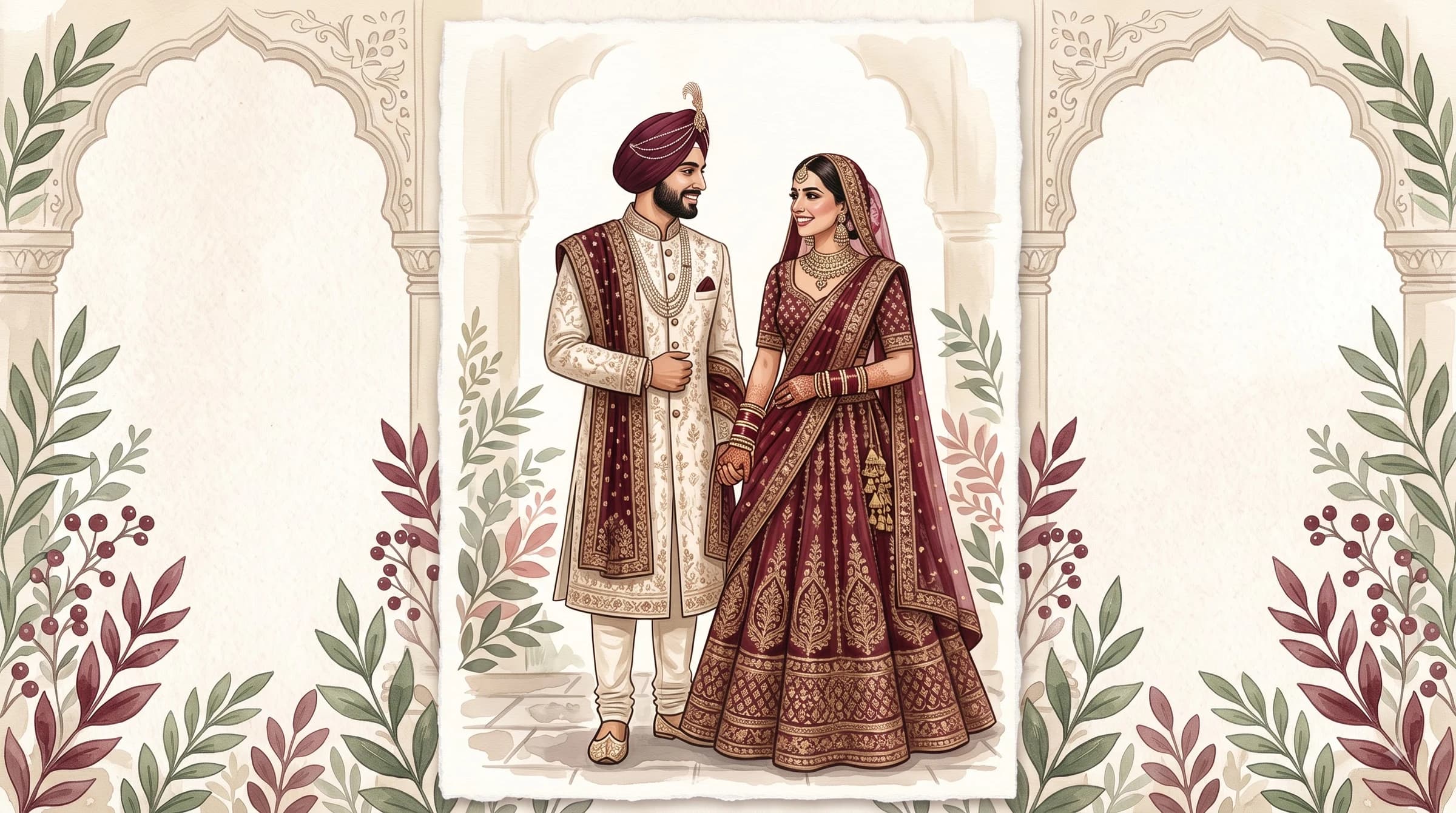 Illustrated royal Punjabi wedding couple in traditional ceremonial attire
