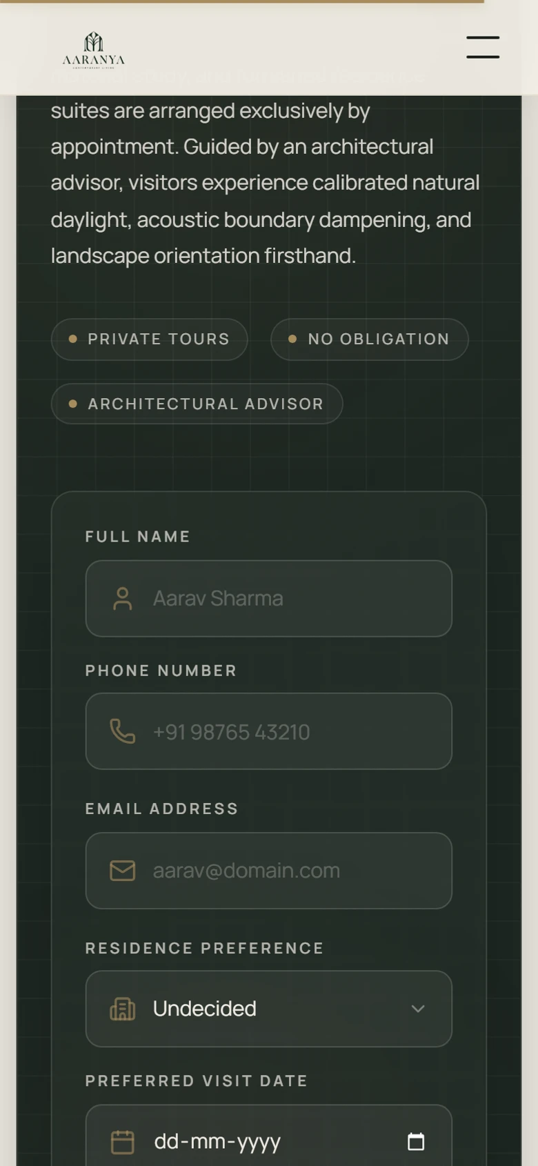 Aaranya mobile experience — private visit form