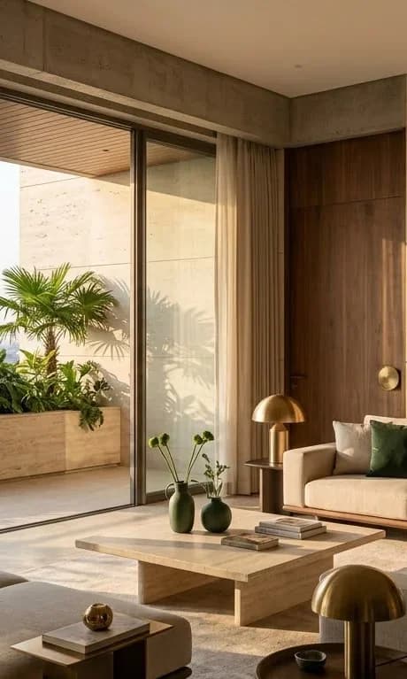 Aaranya moodboard — interior living lounge with timber louvers and travertine