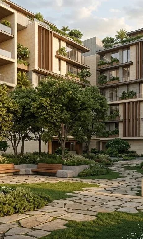 Aaranya moodboard — landscaped central courtyard and water features
