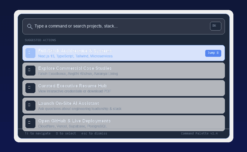 Command palette search modal with Cmd+K / Ctrl+K keyboard shortcut navigation
