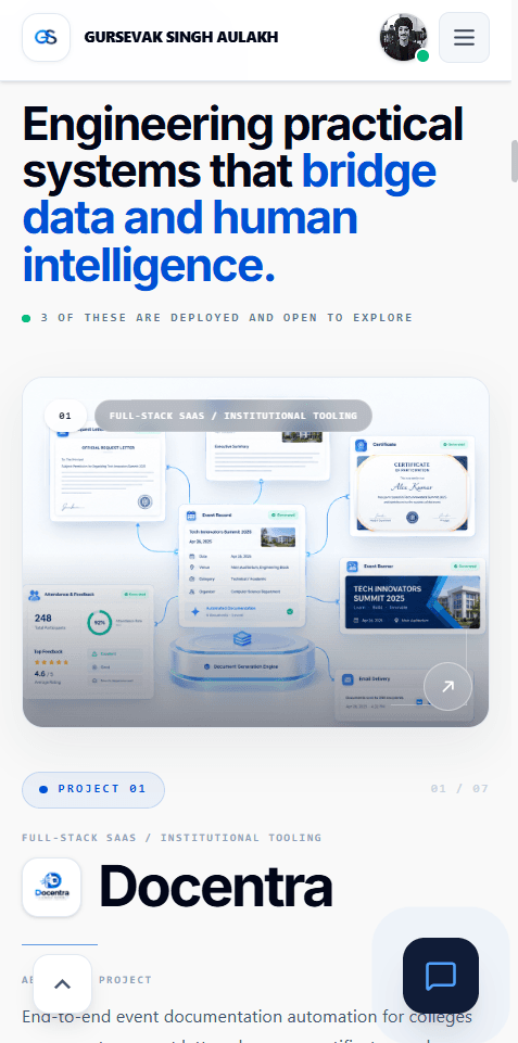 Portfolio mobile view — project card and lightbox deep-dive