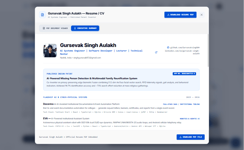 PDF resume hub with integrated browser viewer and direct download action