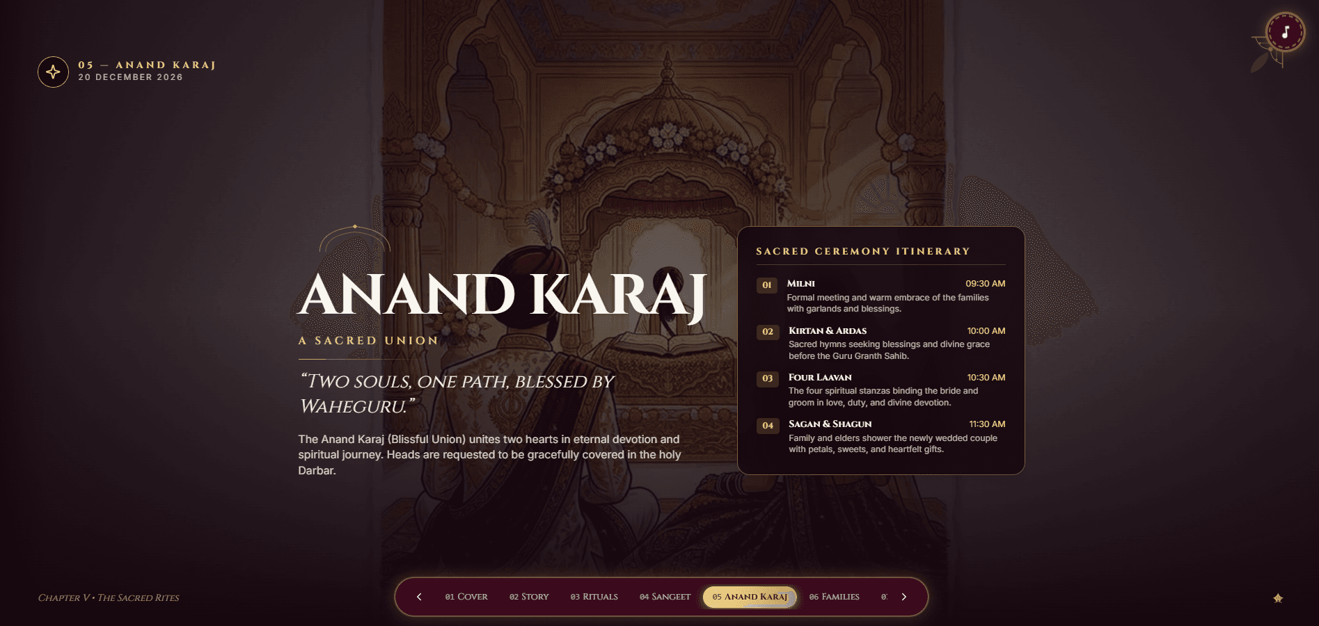 Live wedding website and itinerary desktop view